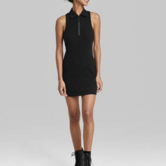 Women's Black Sleeveless Zip-Front Polo Bodycon Mini Dress - Picture 2 of 4